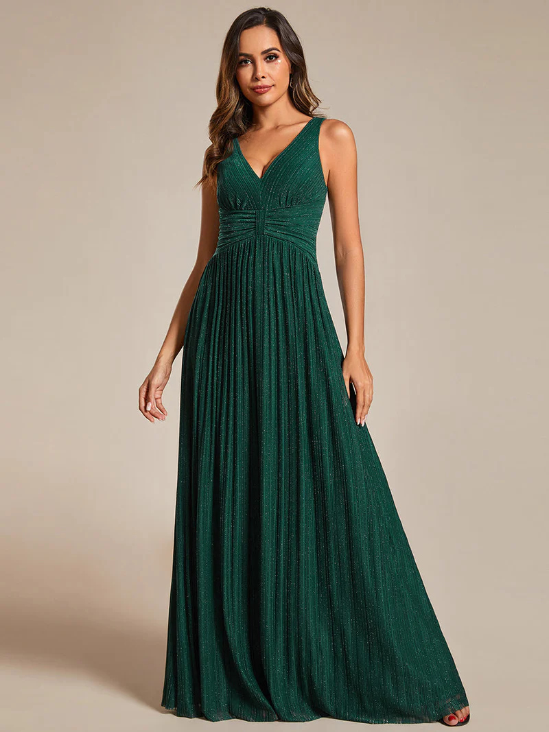 Glittery Pleated Empire Waist Sleeveless Formal Evening Dress (Green) (Made To Order)