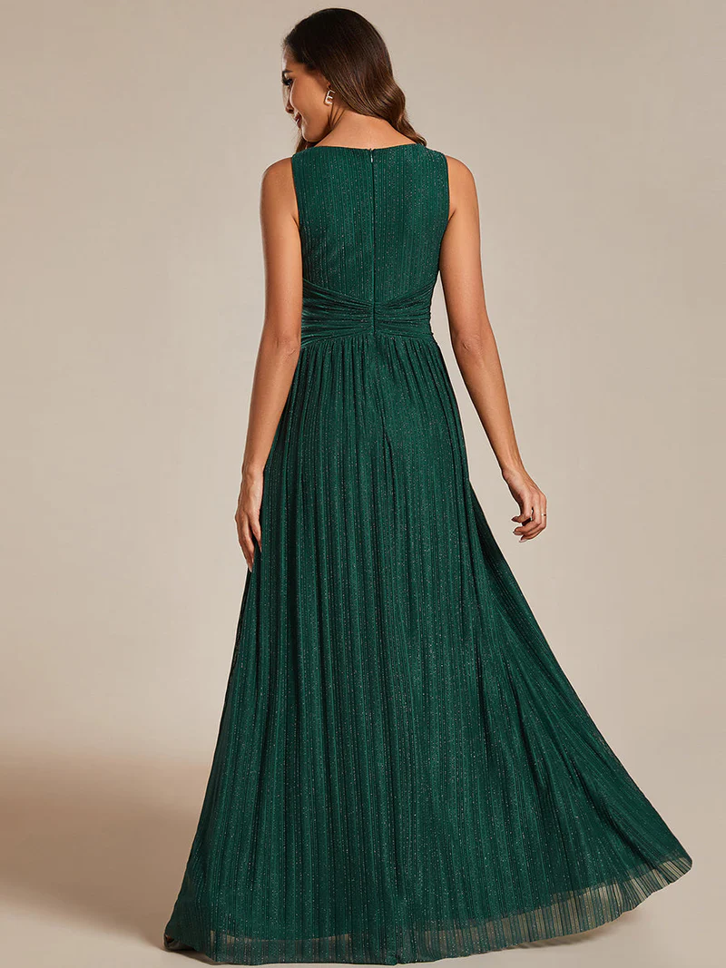 Glittery Pleated Empire Waist Sleeveless Formal Evening Dress (Green) (Made To Order)