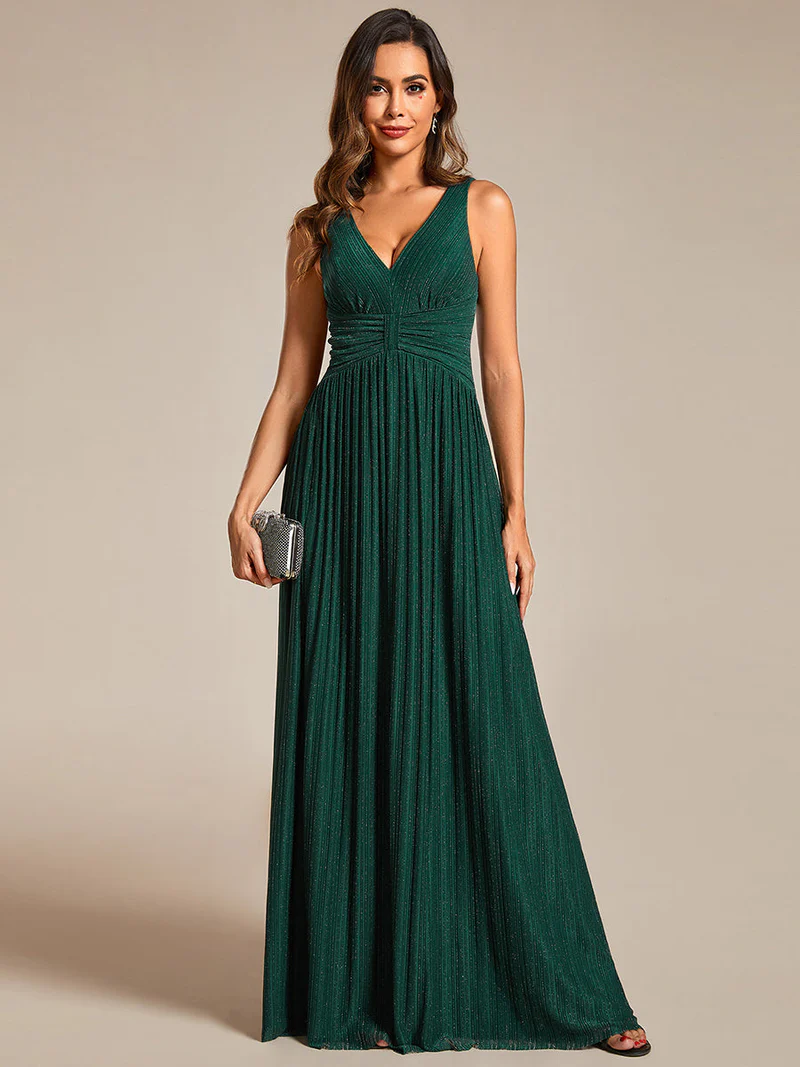 Glittery Pleated Empire Waist Sleeveless Formal Evening Dress (Green) (Made To Order)