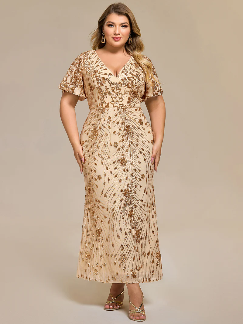 Plus Size Short Sleeve Pattern Sequins Sheath Gold Midi Gown (Made To Order)