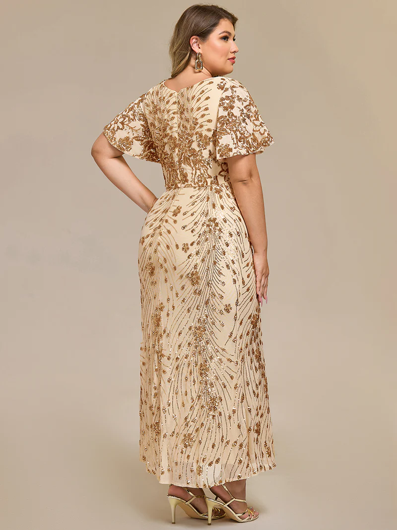 Plus Size Short Sleeve Pattern Sequins Sheath Gold Midi Gown (Made To Order)