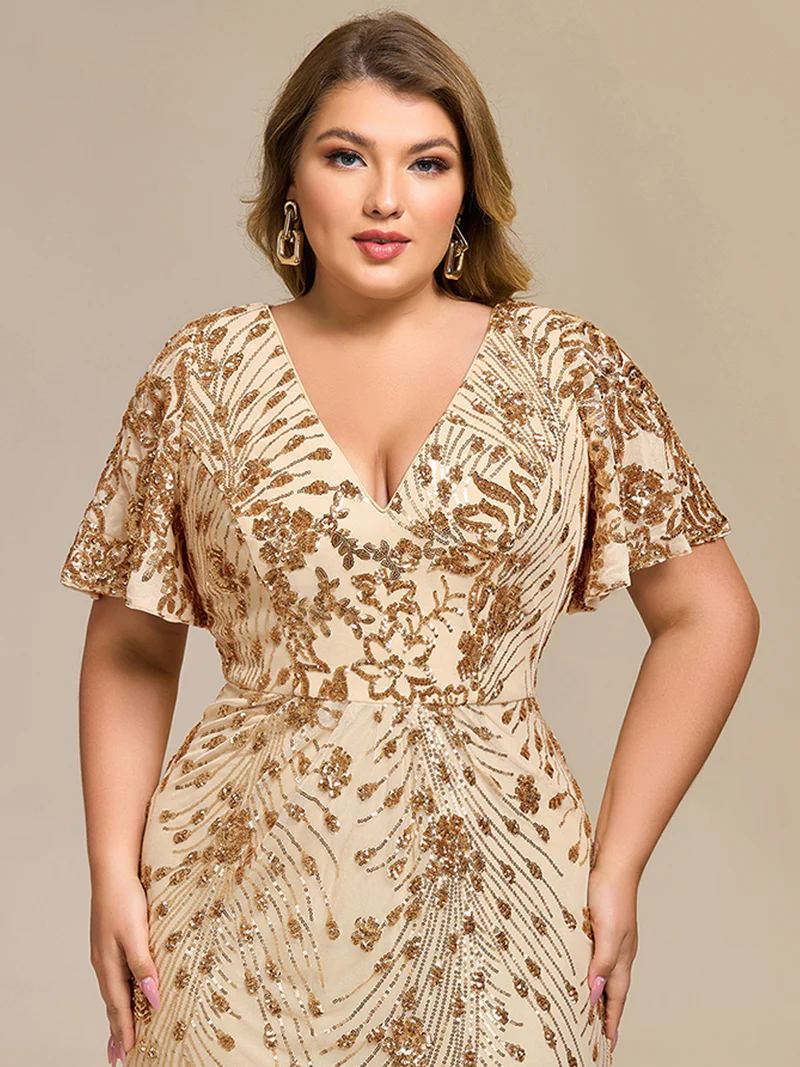Plus Size Short Sleeve Pattern Sequins Sheath Gold Midi Gown (Made To Order)