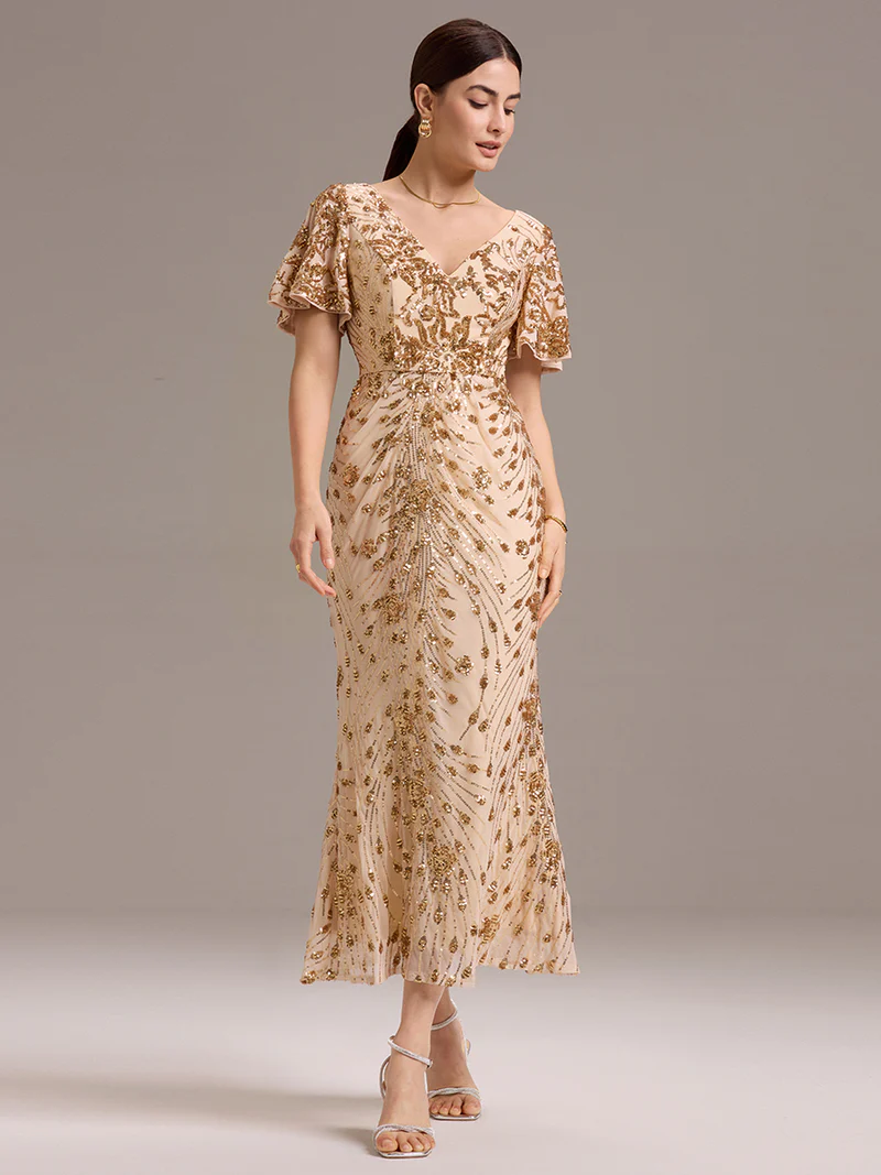 Plus Size Short Sleeve Pattern Sequins Sheath Gold Midi Gown (Made To Order)
