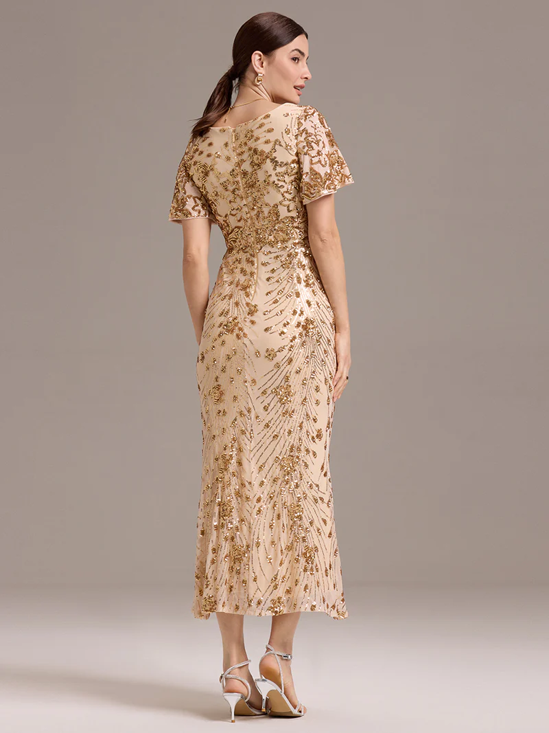 Plus Size Short Sleeve Pattern Sequins Sheath Gold Midi Gown (Made To Order)