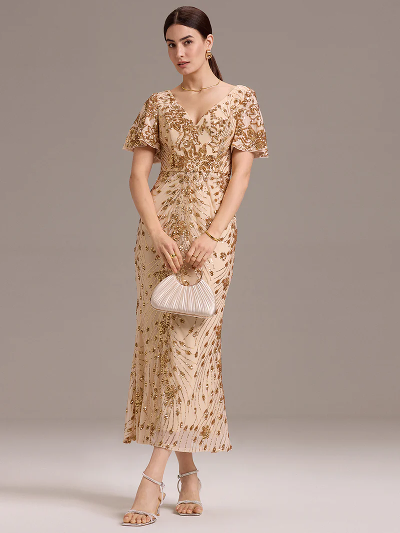 Image 3: Plus Size Short Sleeve Pattern Sequins Sheath Gold Midi Gown (Made To Order)