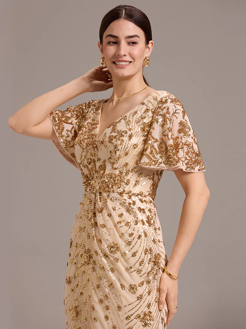 Plus Size Short Sleeve Pattern Sequins Sheath Gold Midi Gown (Made To Order)