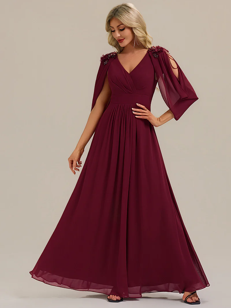 Beaded Half Sleeve  A-Line Evening Gown (Maroon) (Retail)