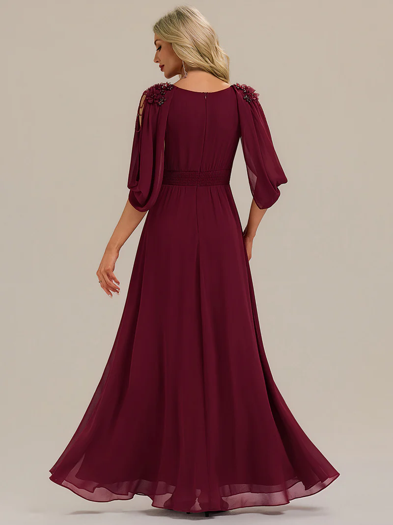 Beaded Half Sleeve  A-Line Evening Gown (Maroon) (Retail)