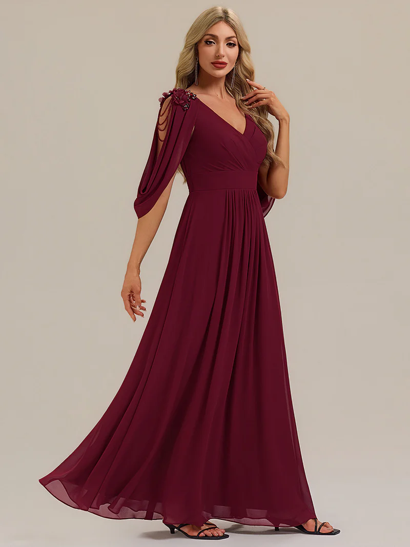 Beaded Half Sleeve  A-Line Evening Gown (Maroon) (Retail)