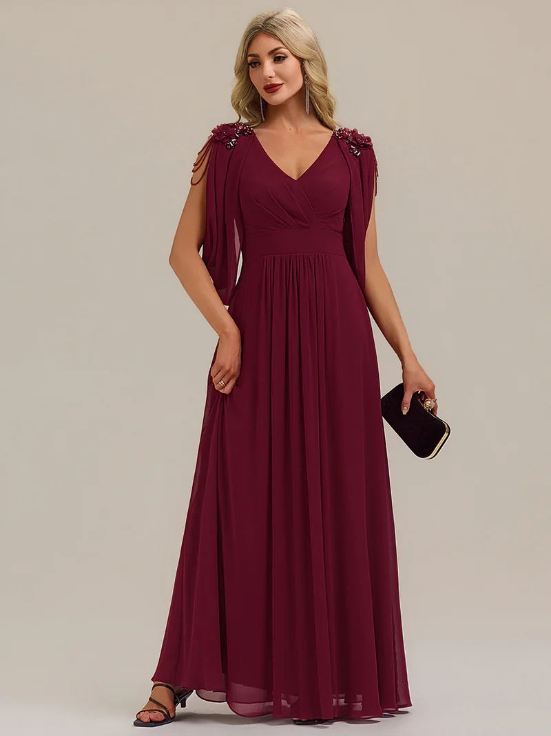 Beaded Half Sleeve  A-Line Evening Gown (Maroon) (Retail)