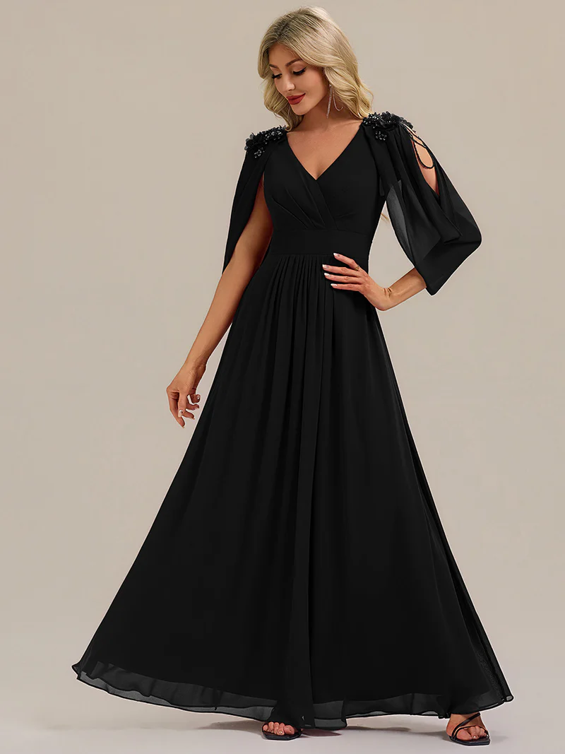 Beaded Half Sleeve  A-Line Evening Gown (Black) (Made To Order)