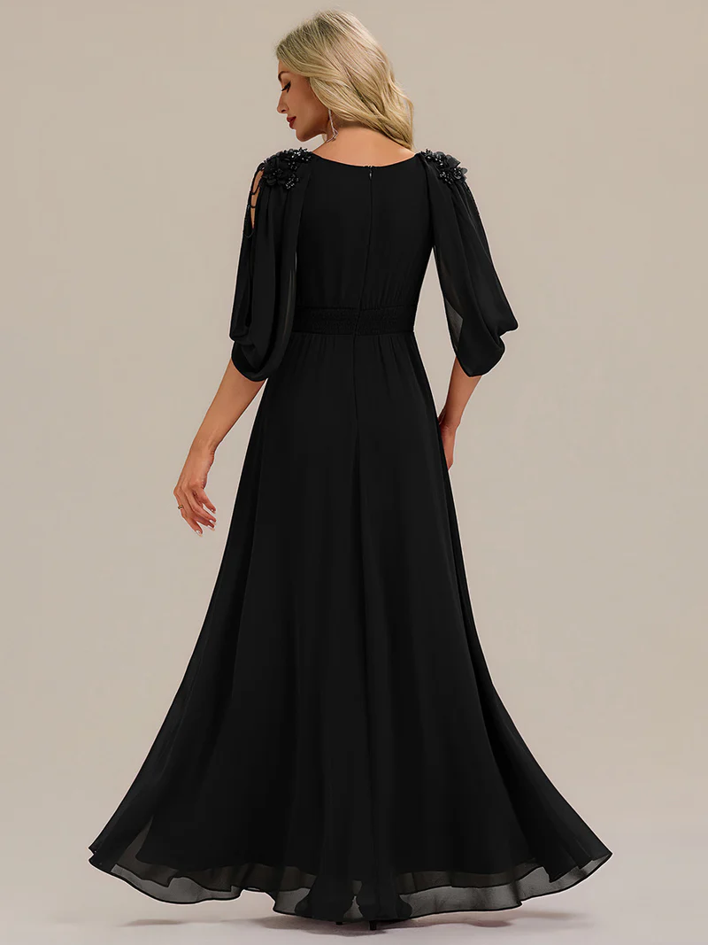 Beaded Half Sleeve  A-Line Evening Gown (Black) (Made To Order)