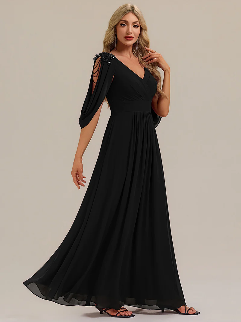 Beaded Half Sleeve  A-Line Evening Gown (Black) (Made To Order)