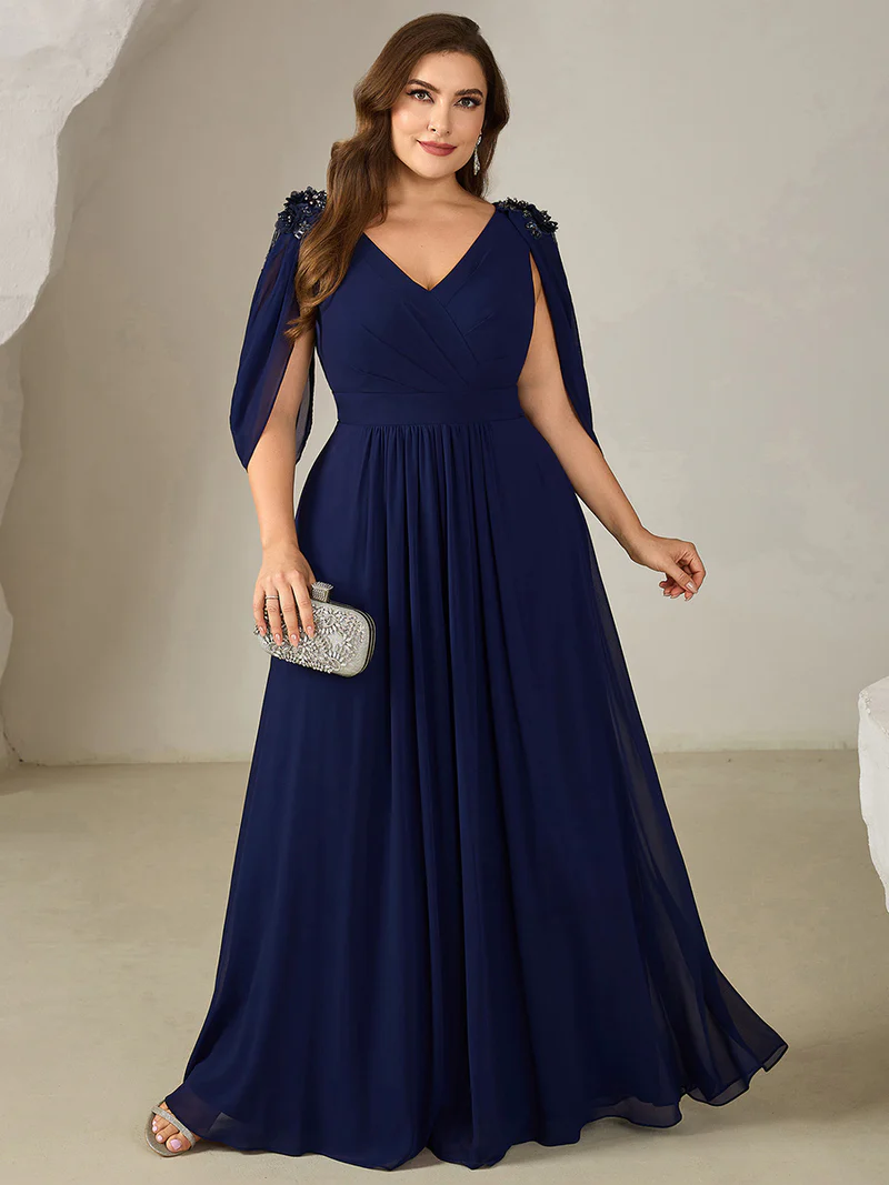 Beaded Half Sleeve  A-Line Evening Gown (Navy Blue) (Made To Order)