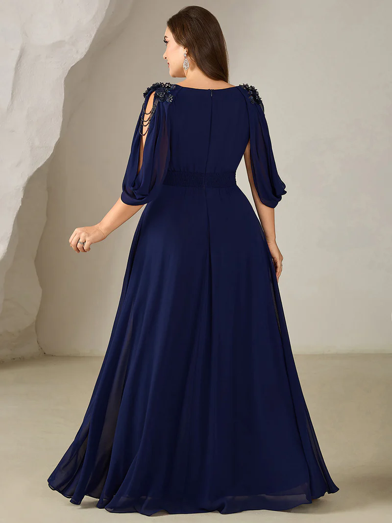 Beaded Half Sleeve  A-Line Evening Gown (Navy Blue) (Made To Order)