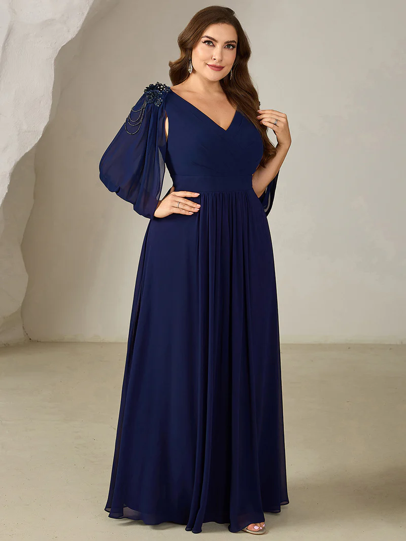 Beaded Half Sleeve  A-Line Evening Gown (Navy Blue) (Made To Order)