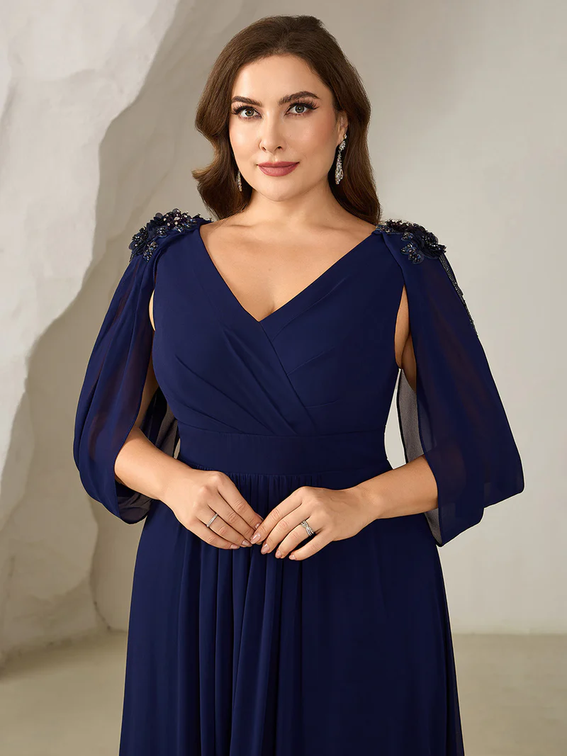 Beaded Half Sleeve  A-Line Evening Gown (Navy Blue) (Made To Order)
