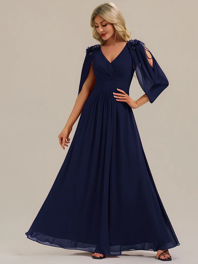 Beaded Half Sleeve  A-Line Evening Gown (Navy Blue) (Made To Order)