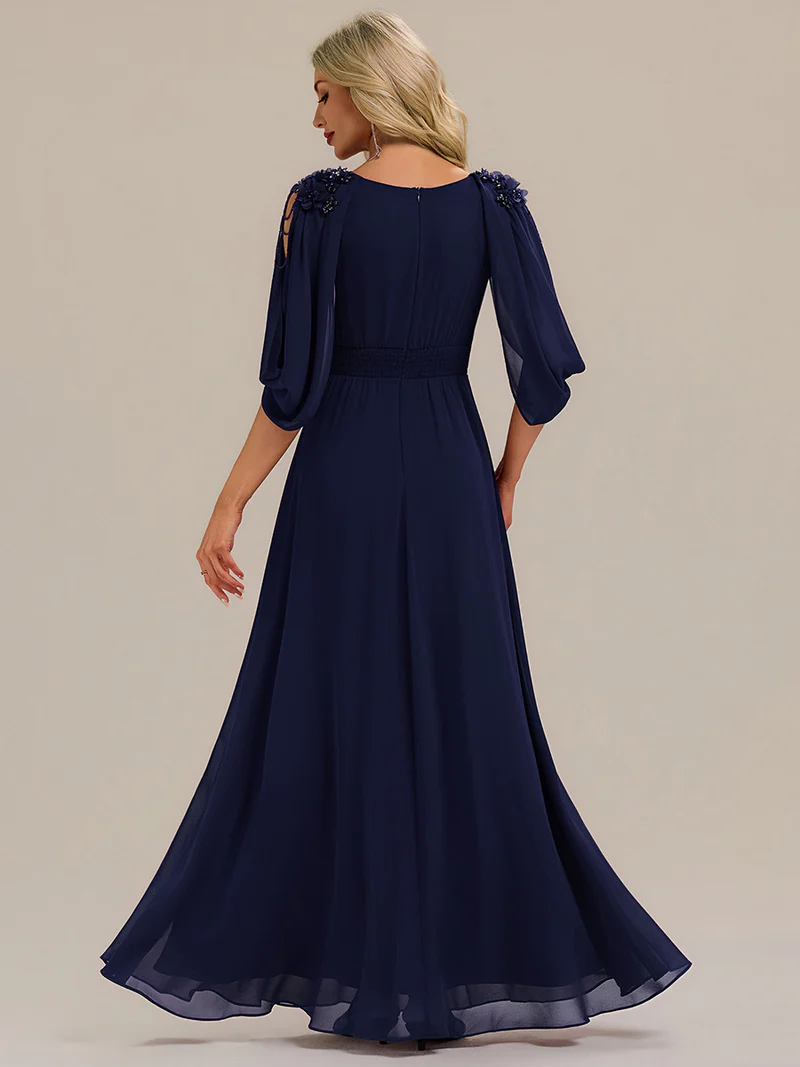 Beaded Half Sleeve  A-Line Evening Gown (Navy Blue) (Made To Order)