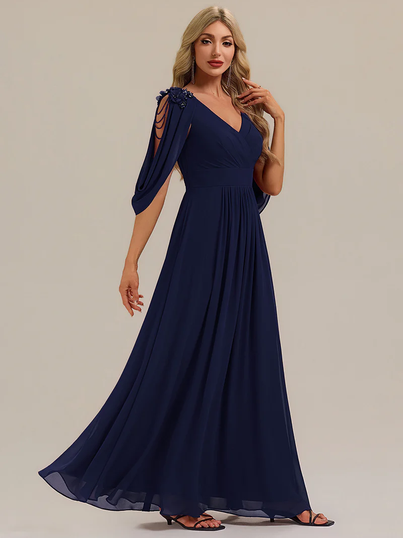 Beaded Half Sleeve  A-Line Evening Gown (Navy Blue) (Made To Order)