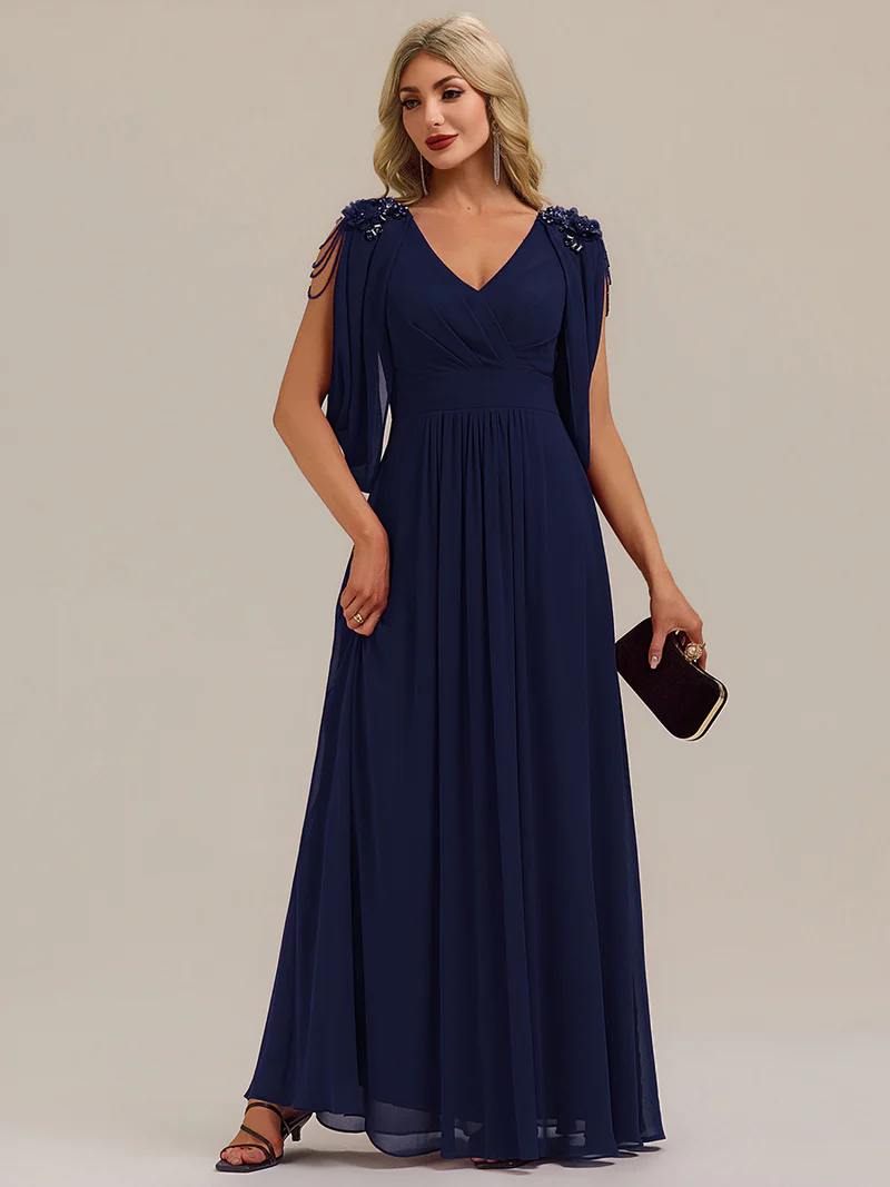 Beaded Half Sleeve  A-Line Evening Gown (Navy Blue) (Made To Order)