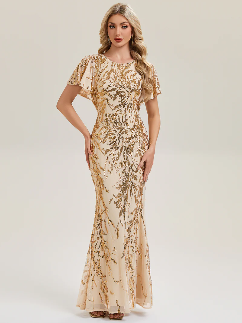 Short Sleeve Sequin Fishtail  Round Neck Evening Gown (Gold) (Made To Order)