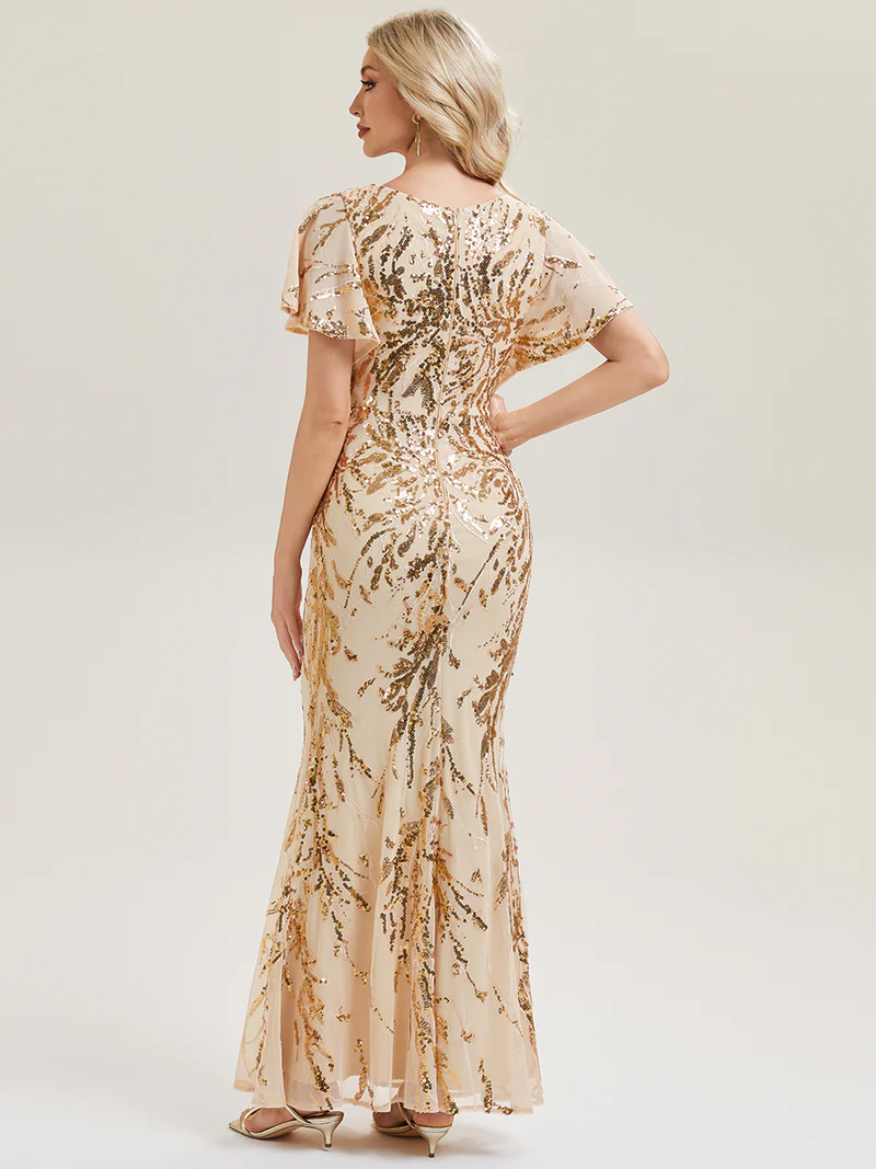 Short Sleeve Sequin Fishtail  Round Neck Evening Gown (Gold) (Made To Order)