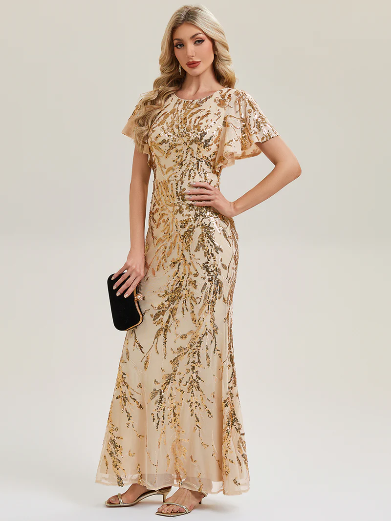 Short Sleeve Sequin Fishtail  Round Neck Evening Gown (Gold) (Made To Order)