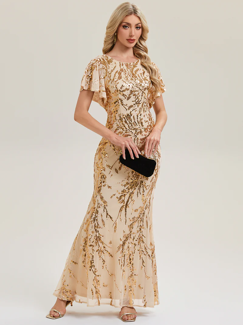 Short Sleeve Sequin Fishtail  Round Neck Evening Gown (Gold) (Made To Order)