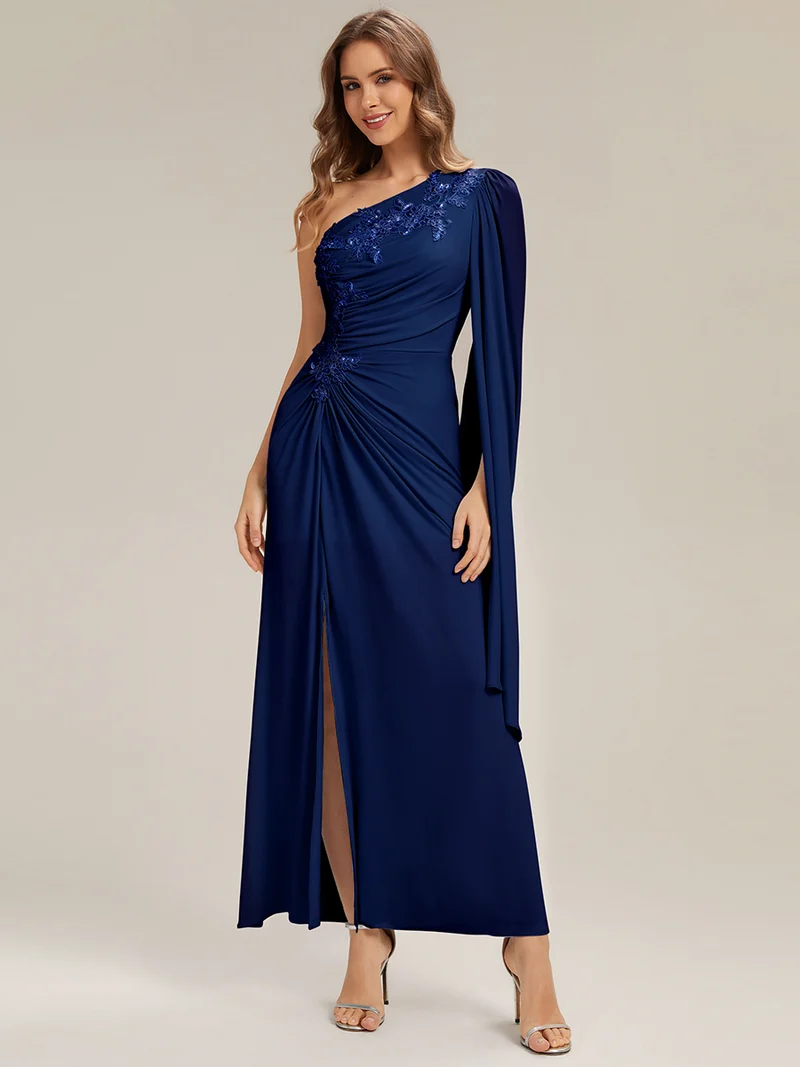 Long Sleeve Cape Sheath Evening Dresses (Navy Blue)(Made To Order)