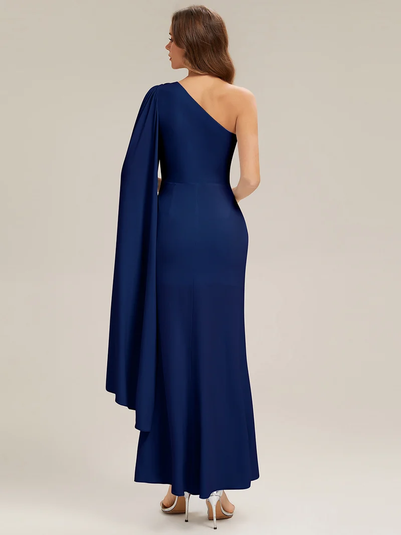 Long Sleeve Cape Sheath Evening Dresses (Navy Blue)(Made To Order)