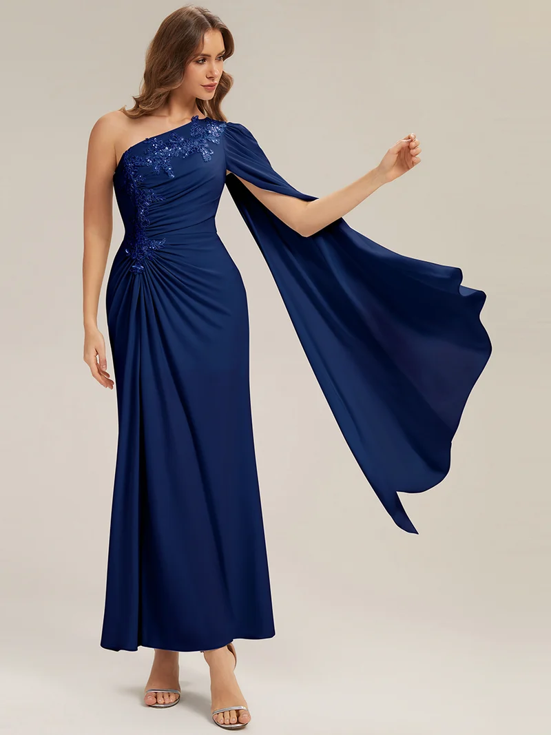 Long Sleeve Cape Sheath Evening Dresses (Navy Blue)(Made To Order)