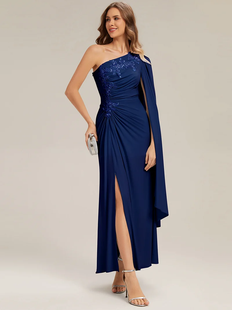 Long Sleeve Cape Sheath Evening Dresses (Navy Blue)(Made To Order)
