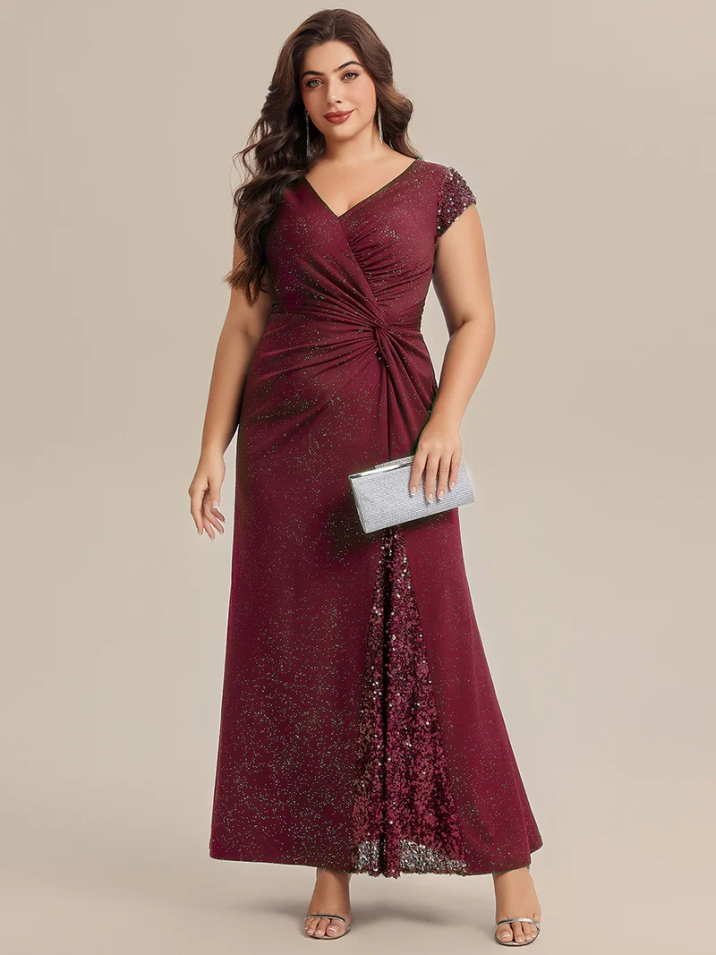 Short Sleeve Sequin Bodycon Evening Dress (Maroon) (Make To Order)