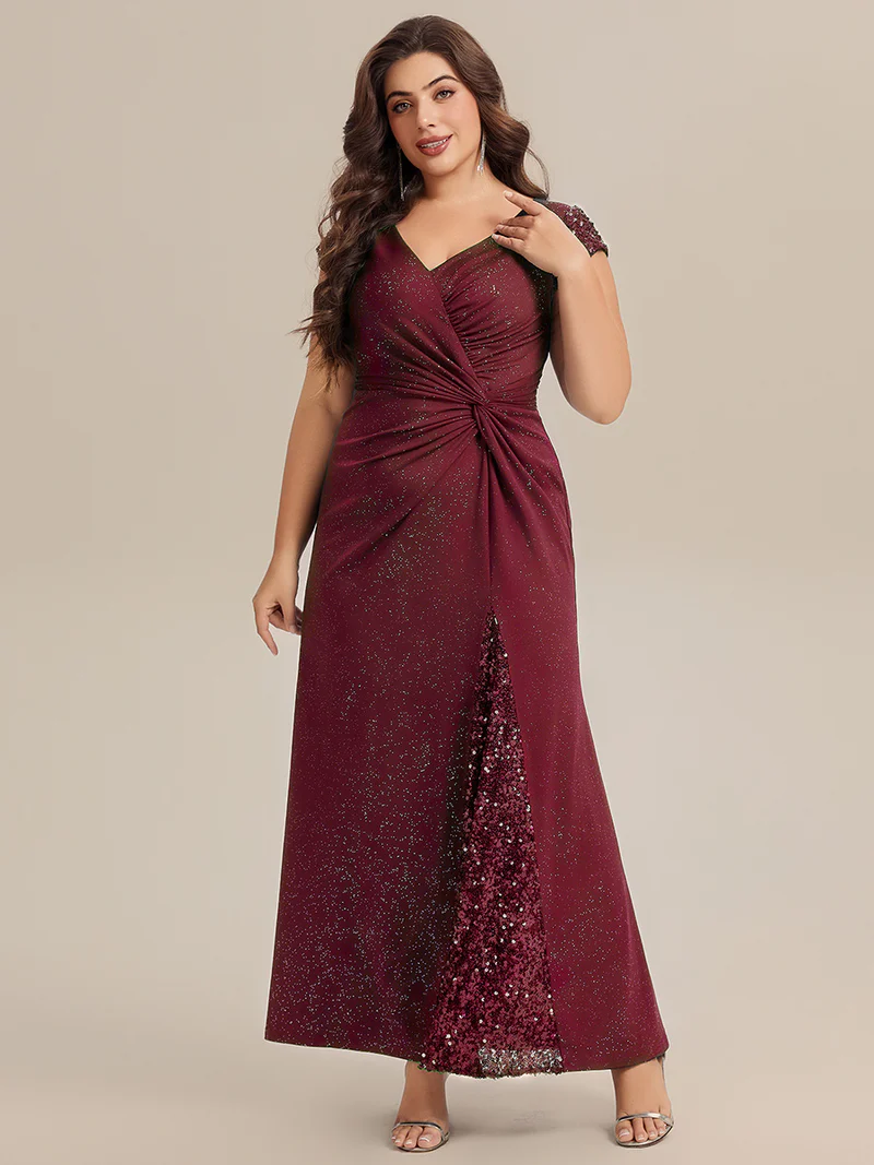 Short Sleeve Sequin Bodycon Evening Dress (Maroon) (Make To Order)
