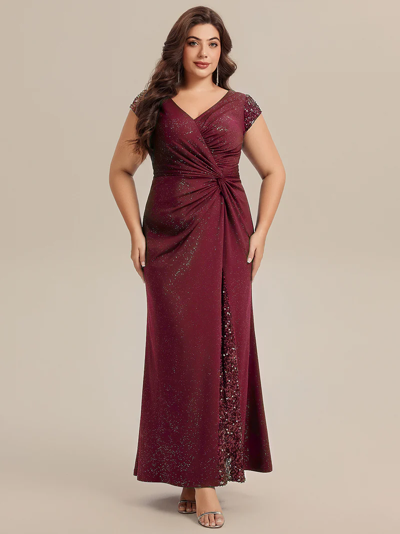Short Sleeve Sequin Bodycon Evening Dress (Maroon) (Make To Order)