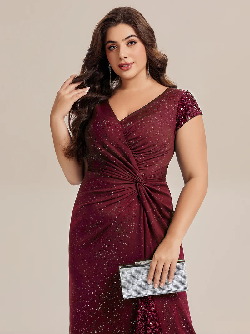 Short Sleeve Sequin Bodycon Evening Dress (Maroon) (Make To Order)