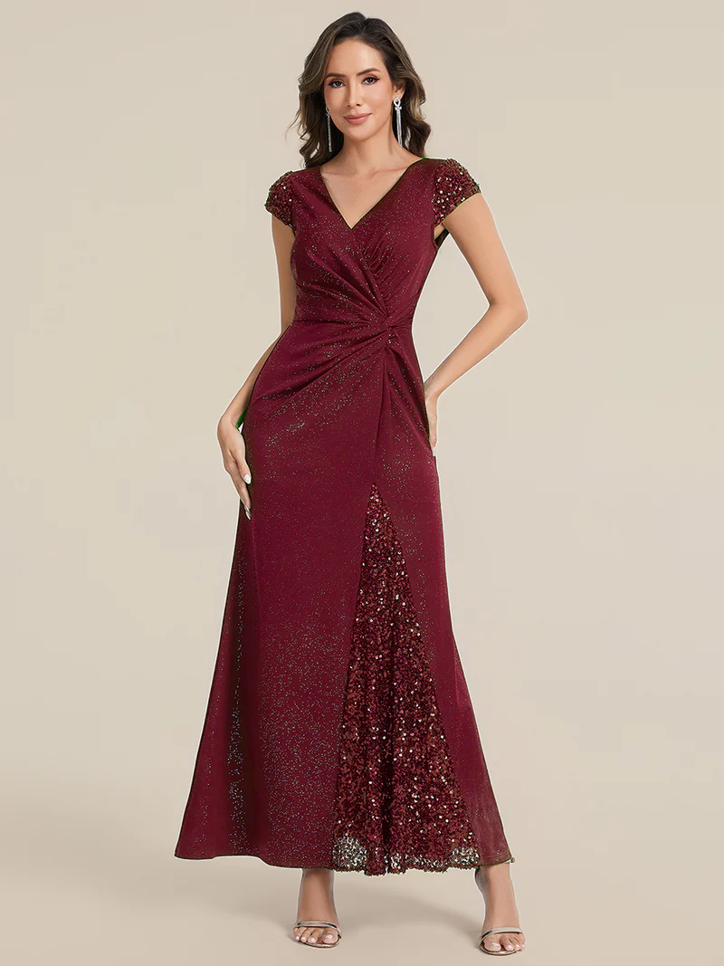 Short Sleeve Sequin Bodycon Evening Dress (Maroon) (Make To Order)