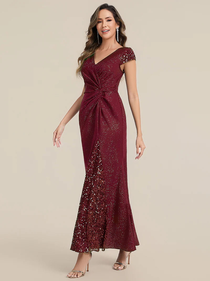 Short Sleeve Sequin Bodycon Evening Dress (Maroon) (Make To Order)