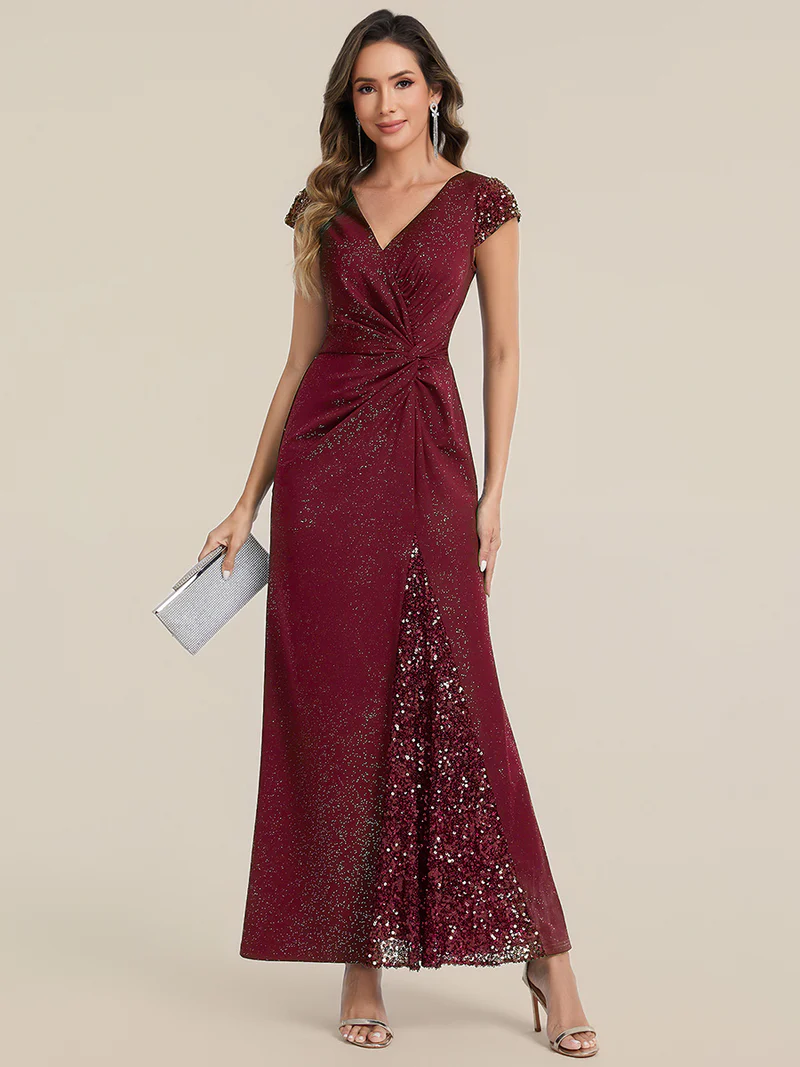 Short Sleeve Sequin Bodycon Evening Dress (Maroon) (Make To Order)