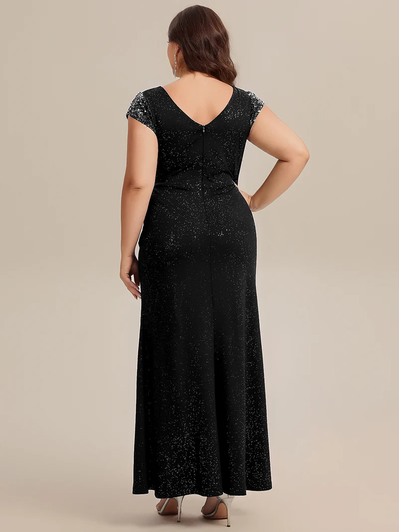 Short Sleeve Sequin Bodycon Evening Dress (Black) (Make To Order)