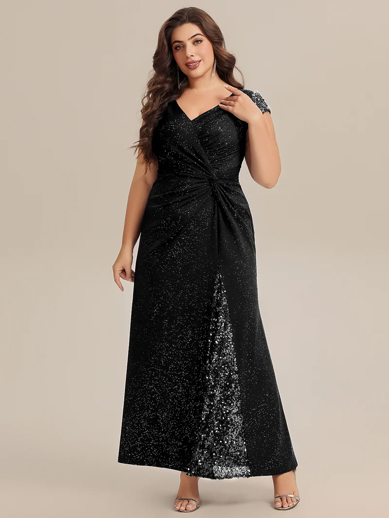 Short Sleeve Sequin Bodycon Evening Dress (Black) (Make To Order)