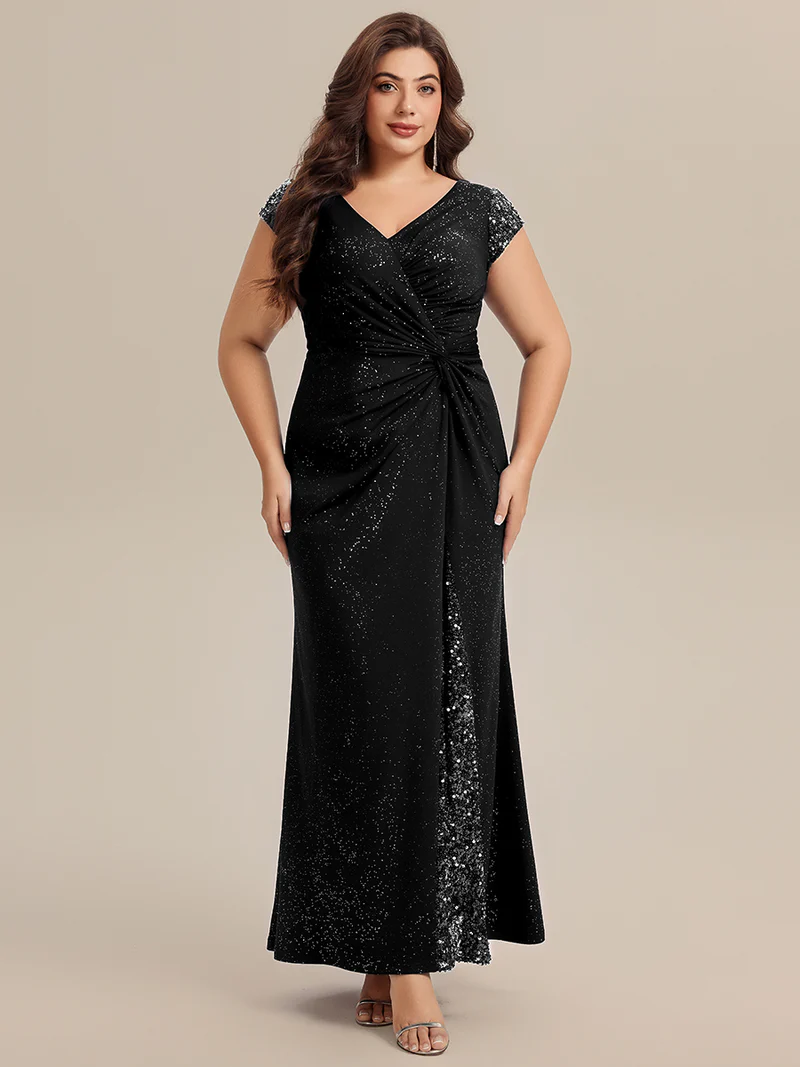 Short Sleeve Sequin Bodycon Evening Dress (Black) (Make To Order)
