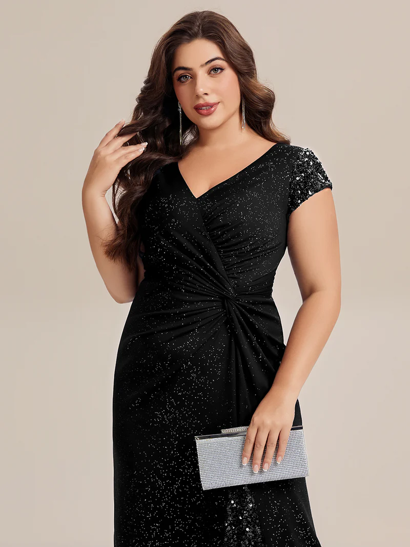 Short Sleeve Sequin Bodycon Evening Dress (Black) (Make To Order)