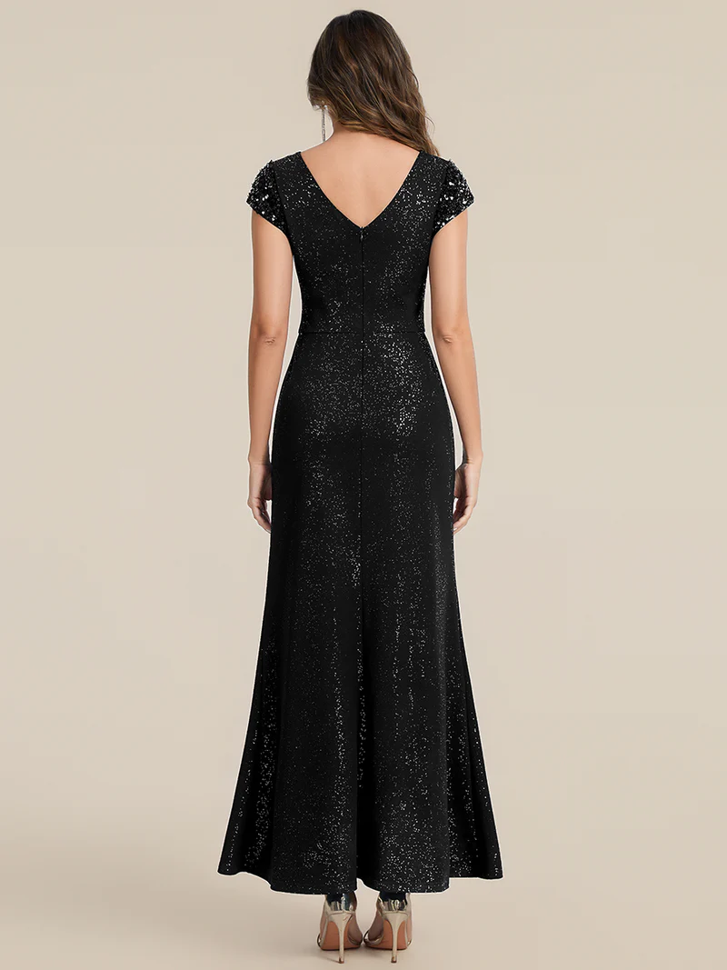 Short Sleeve Sequin Bodycon Evening Dress (Black) (Make To Order)