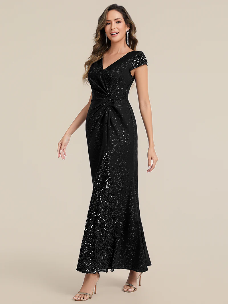 Short Sleeve Sequin Bodycon Evening Dress (Black) (Make To Order)