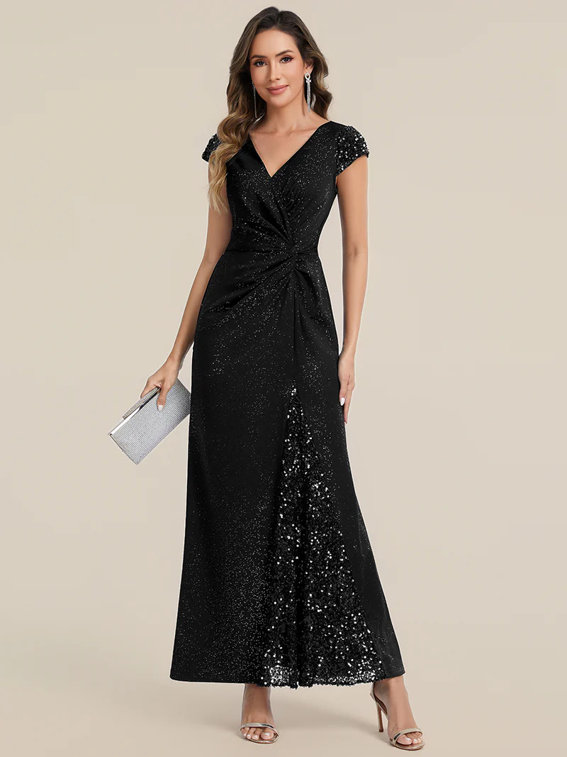 Short Sleeve Sequin Bodycon Evening Dress (Black) (Make To Order)