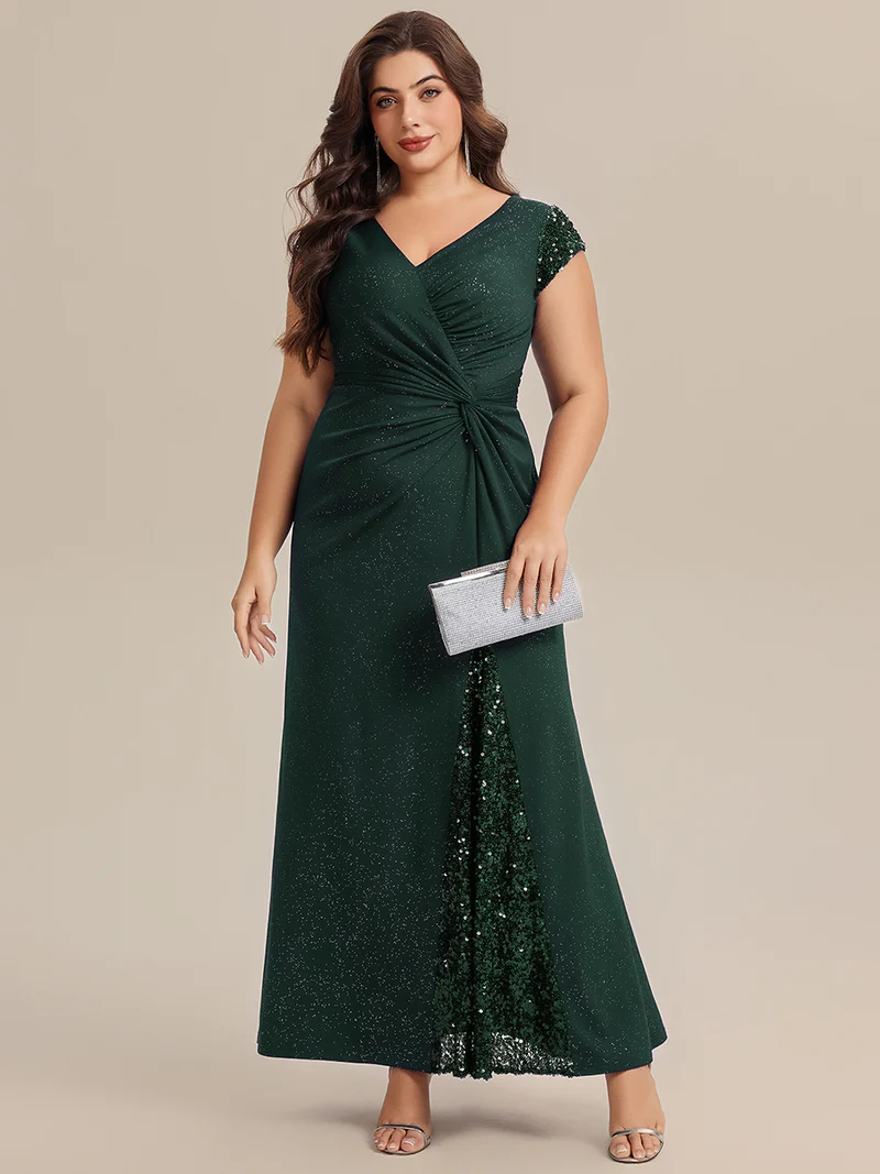 Short Sleeve Sequin Bodycon Evening Dress (Dark Green) (Retail)