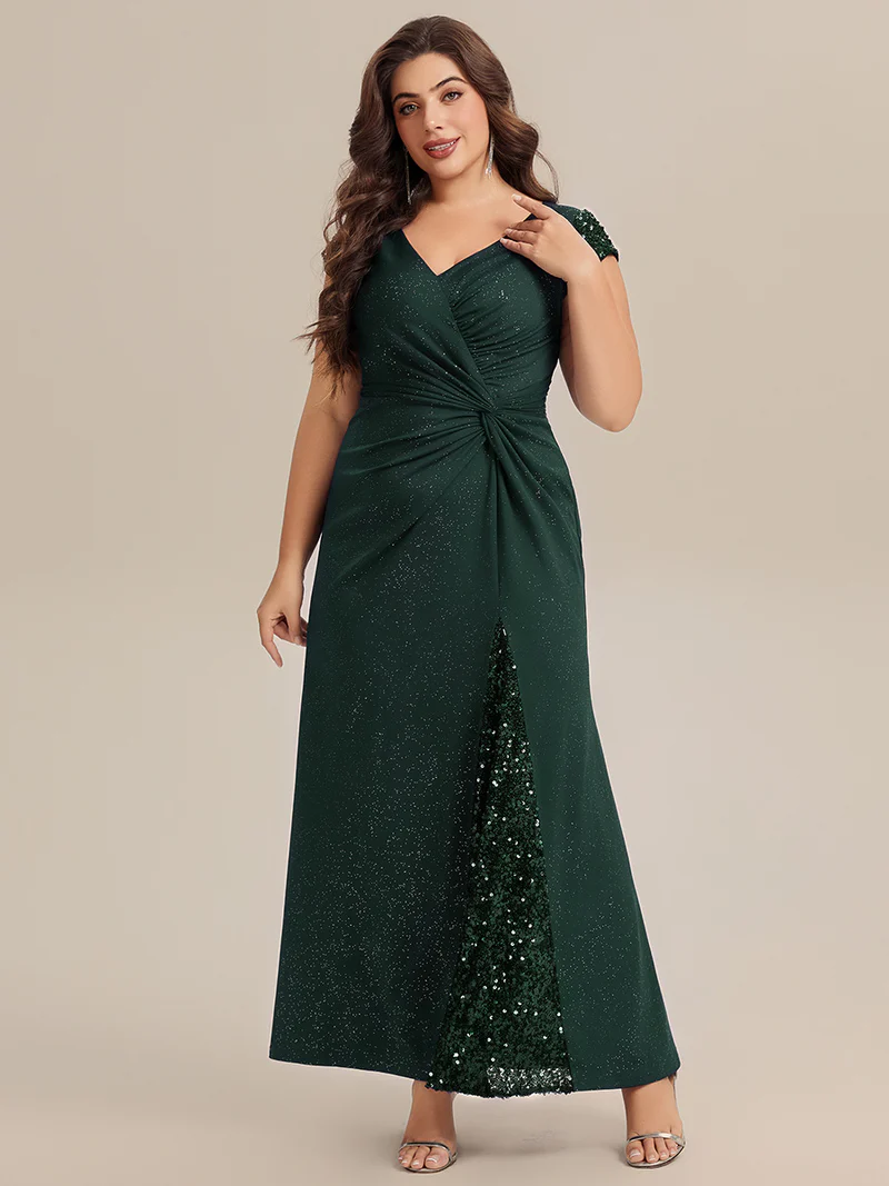 Short Sleeve Sequin Bodycon Evening Dress (Dark Green) (Retail)