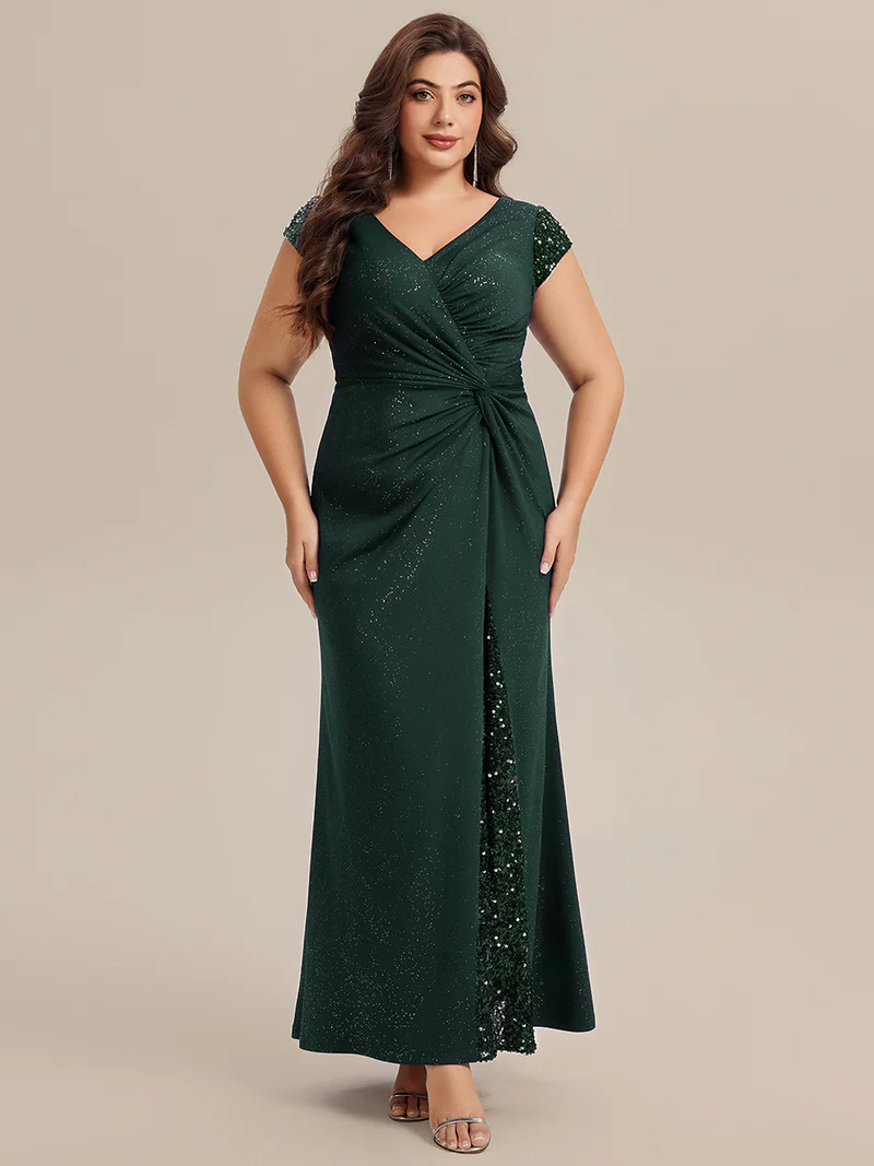 Short Sleeve Sequin Bodycon Evening Dress (Dark Green) (Retail)